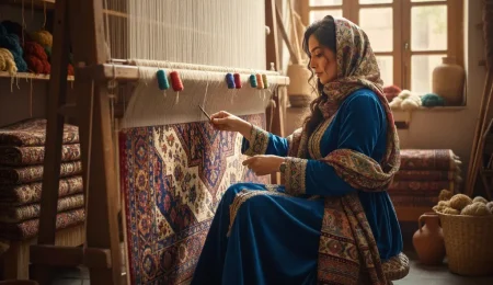 زن در حال بافت فرش دستباف