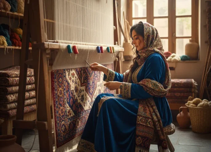 زن در حال بافت فرش دستباف